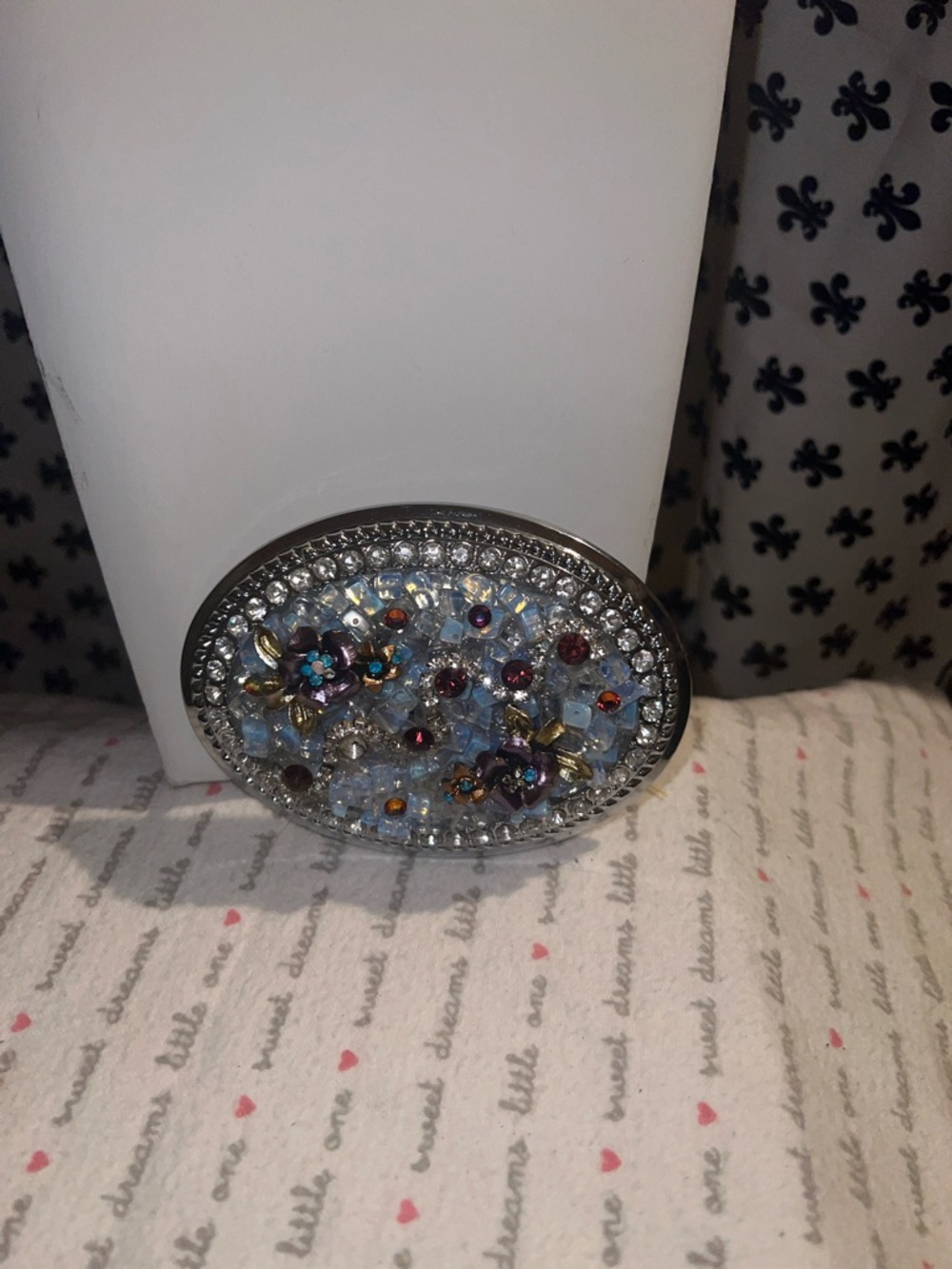 Crystal Floral Oval Belt Buckle - Silver and Light Blue